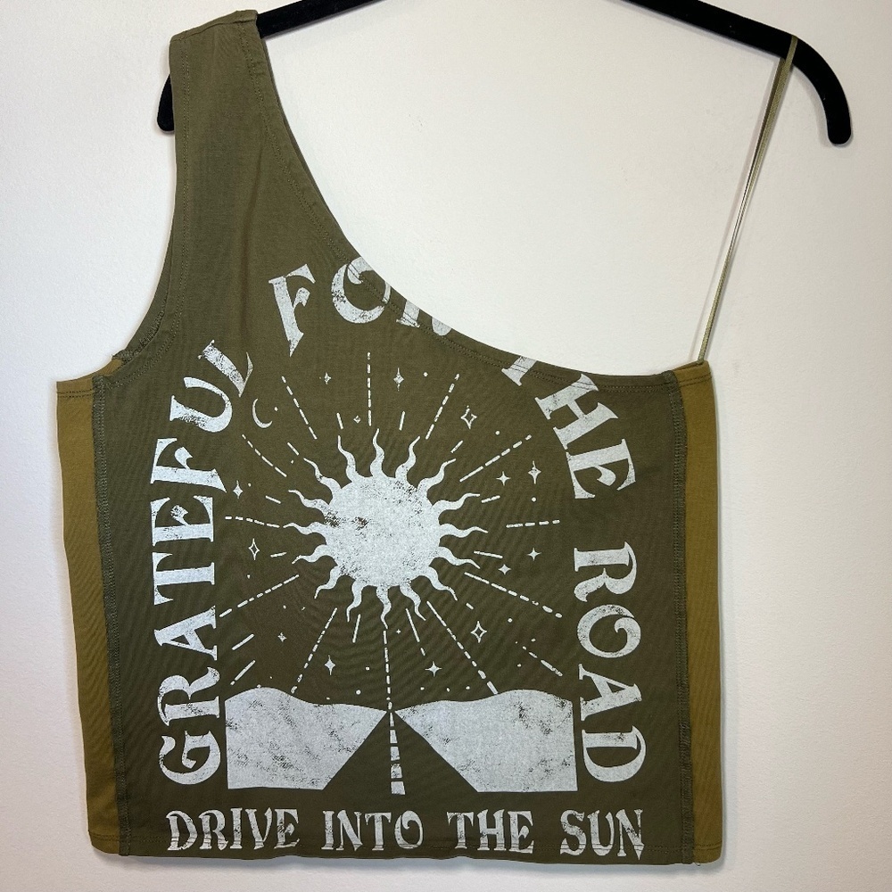 Cleo + Wolf Women's One Shoulder Tank Top Green Western Stretch Graphic Sz Large